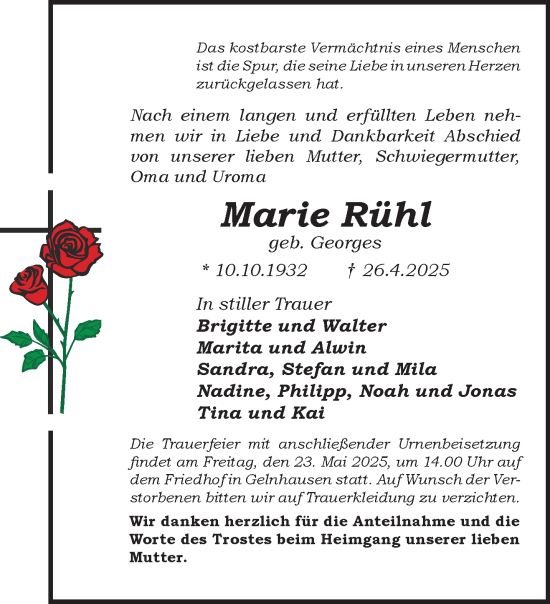 Traueranzeige von Marie Rühl von Gelnhäuser Neue Zeitung