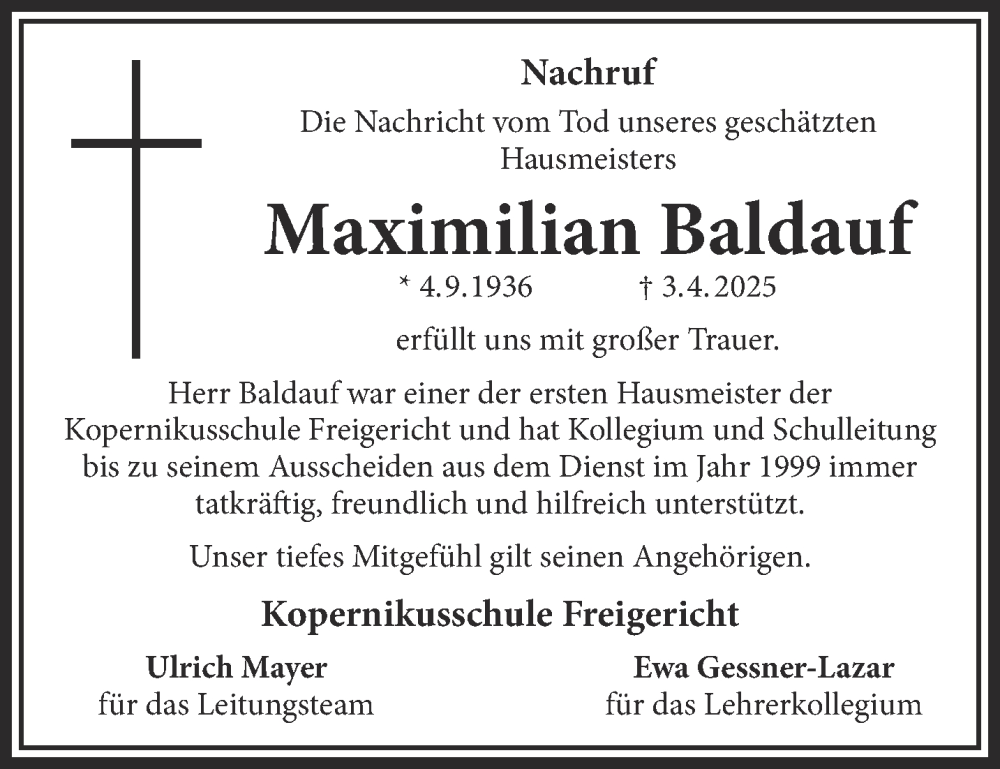  Traueranzeige für Maximilian Baldauf vom 10.05.2025 aus Gelnhäuser Neue Zeitung