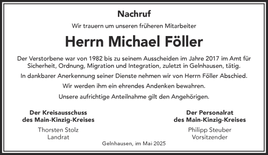 Traueranzeige von Michael Föller von Mittelhessen-Bote