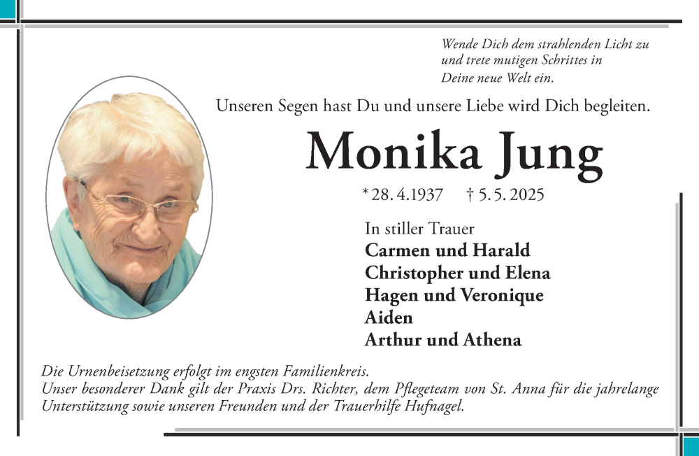  Traueranzeige für Monika Jung vom 17.05.2025 aus Gelnhäuser Neue Zeitung