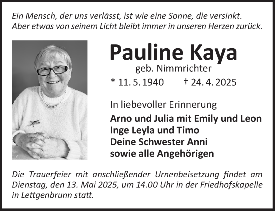 Traueranzeige von Pauline Kaya von Gelnhäuser Neue Zeitung
