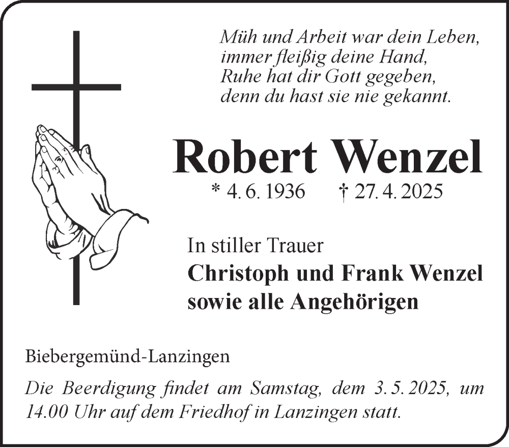  Traueranzeige für Robert Wenzel vom 03.05.2025 aus Mittelhessen-Bote