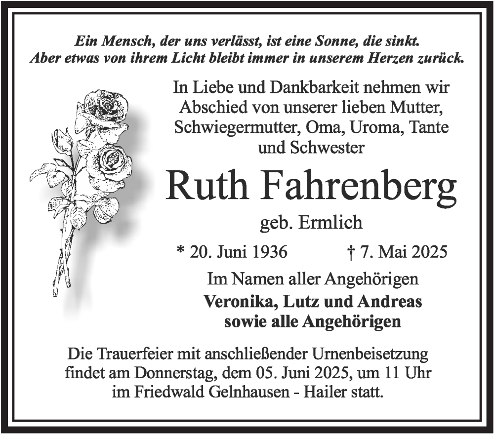  Traueranzeige für Ruth Fahrenberg vom 31.05.2025 aus Mittelhessen-Bote