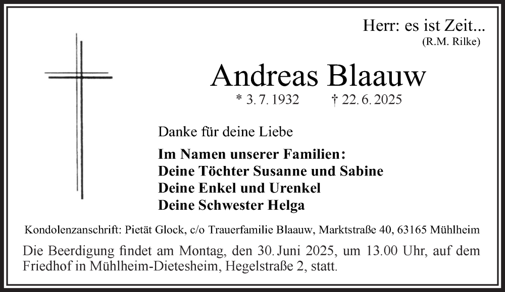  Traueranzeige für Andreas Blaauw vom 28.06.2025 aus Gelnhäuser Neue Zeitung