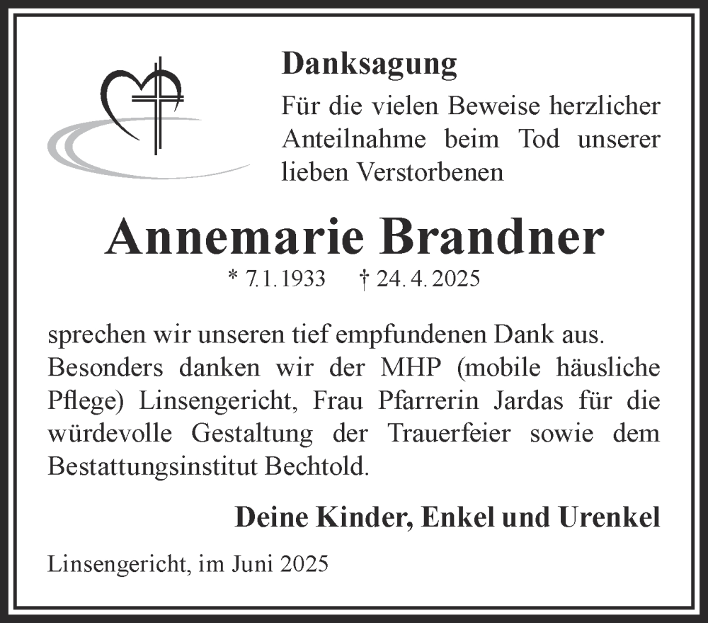  Traueranzeige für Annemarie Brandner vom 07.06.2025 aus Gelnhäuser Neue Zeitung