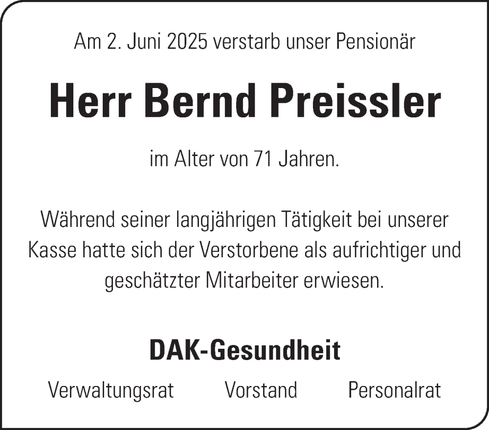  Traueranzeige für Bernd Preissler vom 28.06.2025 aus Gelnhäuser Neue Zeitung