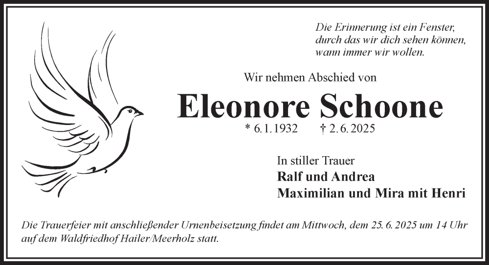  Traueranzeige für Eleonore Schoone vom 21.06.2025 aus Gelnhäuser Neue Zeitung