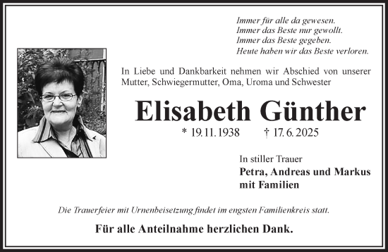 Traueranzeige von Elisabeth Günther von Gelnhäuser Neue Zeitung