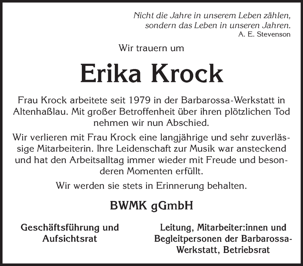  Traueranzeige für Erika Krock vom 28.06.2025 aus Gelnhäuser Neue Zeitung