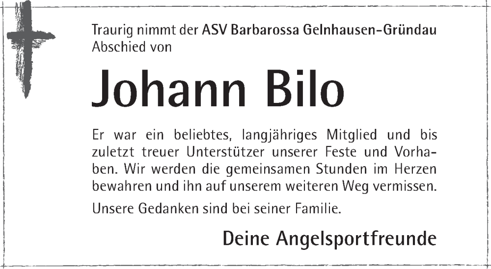  Traueranzeige für Johann Bilo vom 28.06.2025 aus Gelnhäuser Neue Zeitung