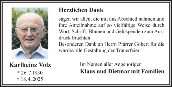 Traueranzeige von Karlheinz Volz von Gelnhäuser Neue Zeitung