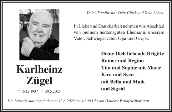 Traueranzeige von Karlheinz Zügel von Gelnhäuser Neue Zeitung