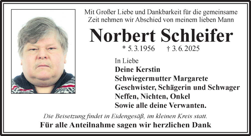  Traueranzeige für Norbert Schleifer vom 28.06.2025 aus Gelnhäuser Neue Zeitung