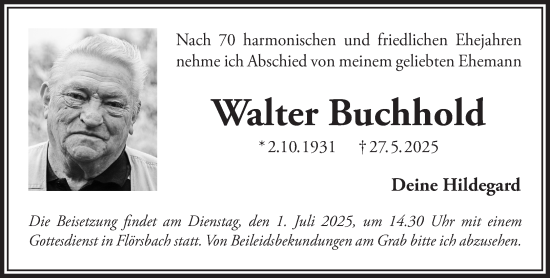 Traueranzeige von Walter Buchhold von Gelnhäuser Neue Zeitung