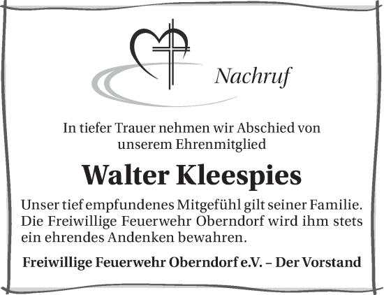 Traueranzeige von Walter Kleespies von Gelnhäuser Neue Zeitung