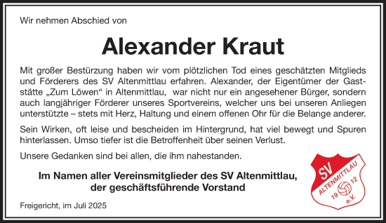 Traueranzeige von Alexander Kraut von Gelnhäuser Neue Zeitung