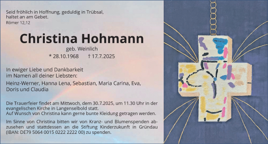 Traueranzeige von Christina Hohmann von Gelnhäuser Neue Zeitung