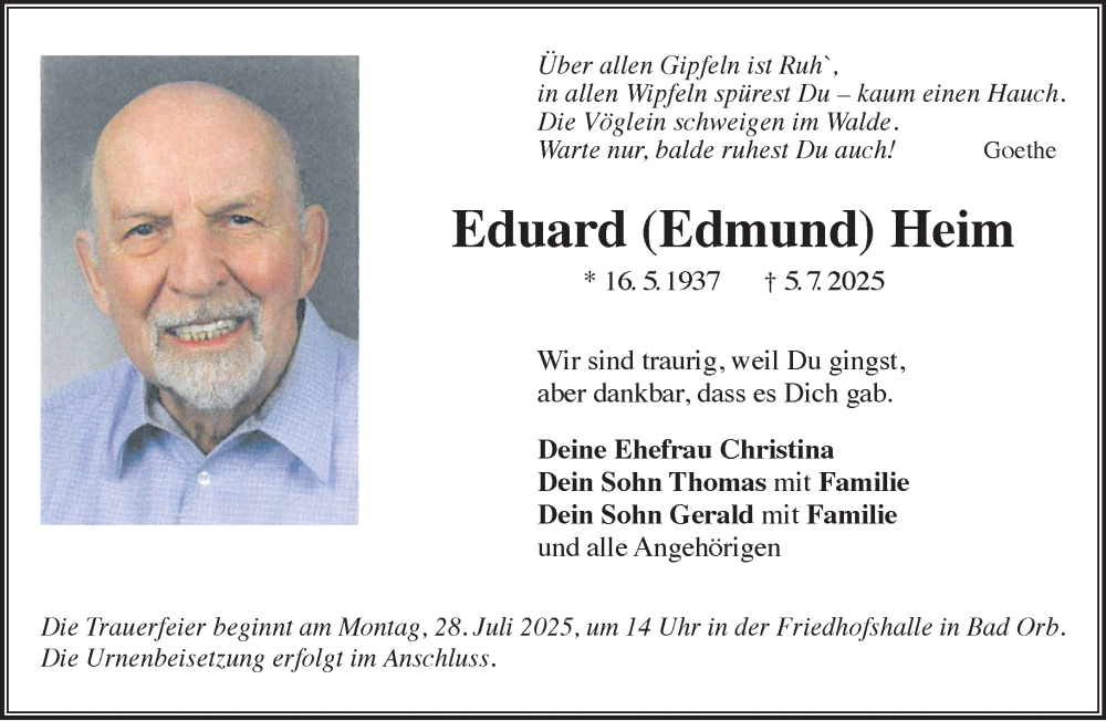  Traueranzeige für Eduard Heim vom 26.07.2025 aus Mittelhessen-Bote