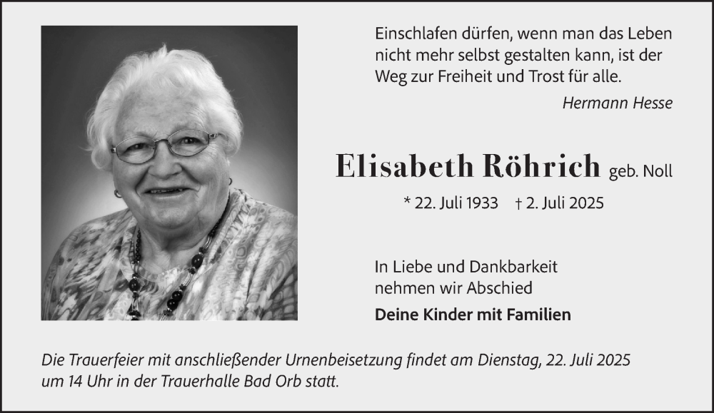  Traueranzeige für Elisabeth Röhrich vom 19.07.2025 aus Gelnhäuser Neue Zeitung