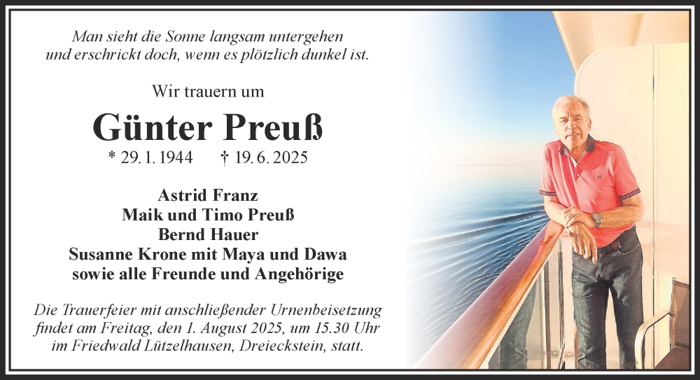  Traueranzeige für Günter Preuß vom 19.07.2025 aus Gelnhäuser Neue Zeitung