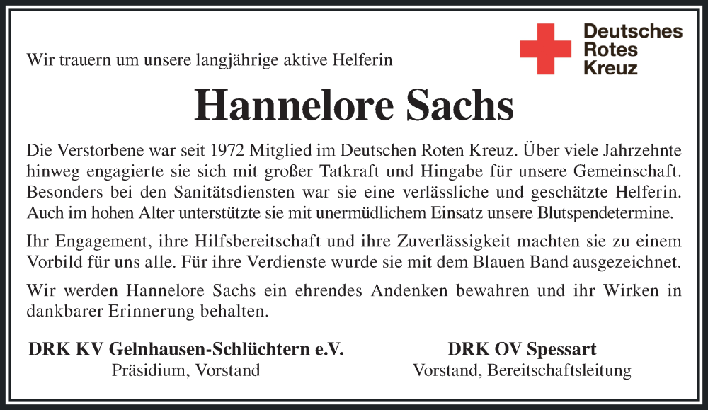  Traueranzeige für Hannelore Sachs vom 19.07.2025 aus Mittelhessen-Bote
