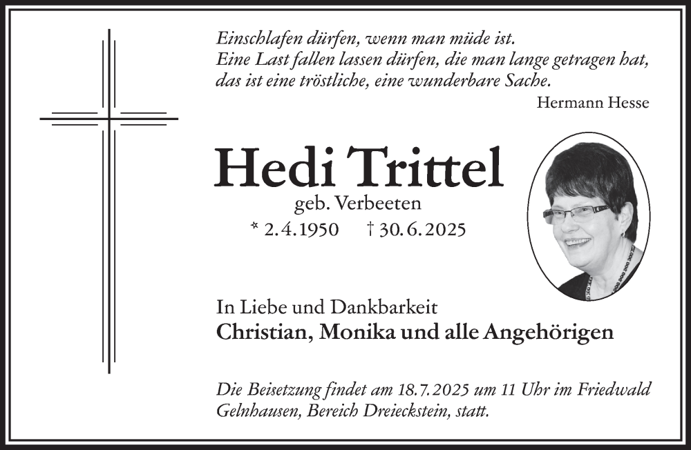  Traueranzeige für Hedi Trittel vom 12.07.2025 aus Gelnhäuser Neue Zeitung