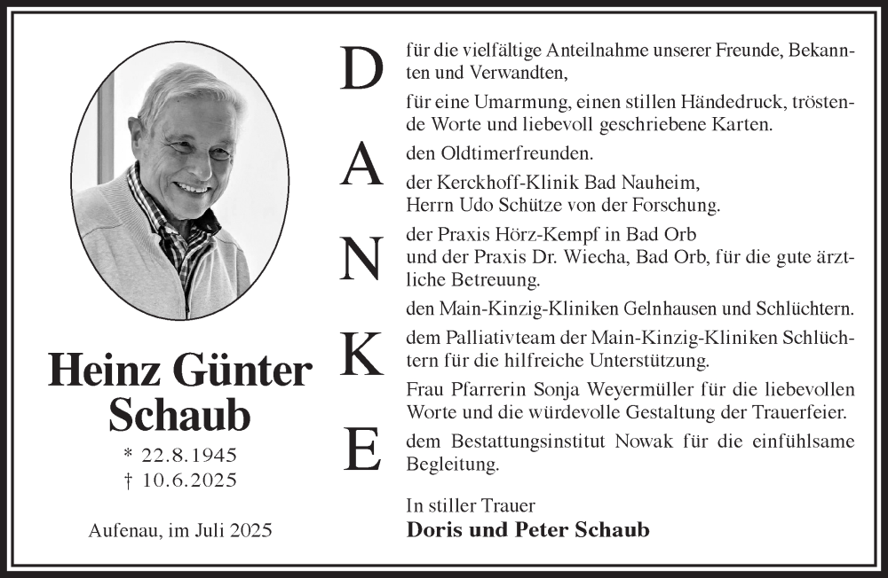  Traueranzeige für Heinz Günter Schaub vom 19.07.2025 aus Gelnhäuser Neue Zeitung