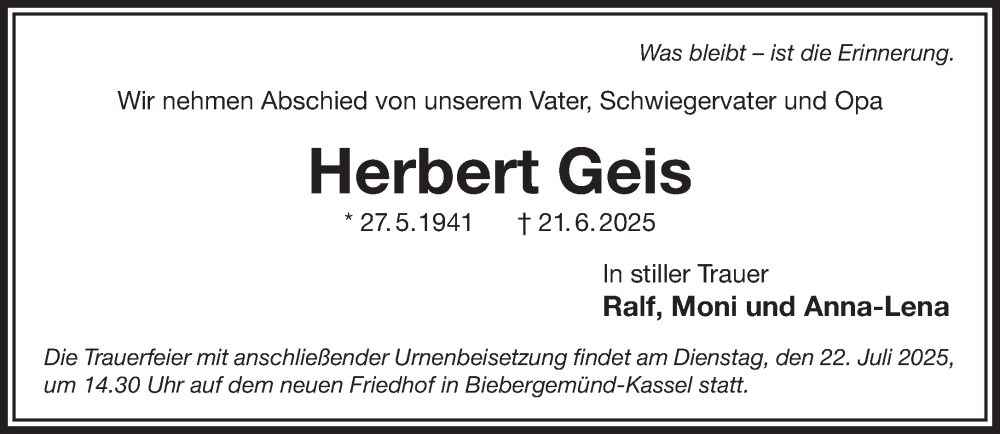  Traueranzeige für Herbert Geis vom 19.07.2025 aus Gelnhäuser Neue Zeitung
