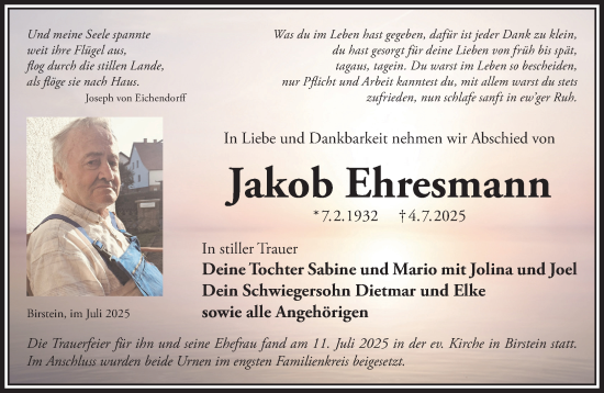 Traueranzeige von Jakob Ehresmann von Mittelhessen-Bote