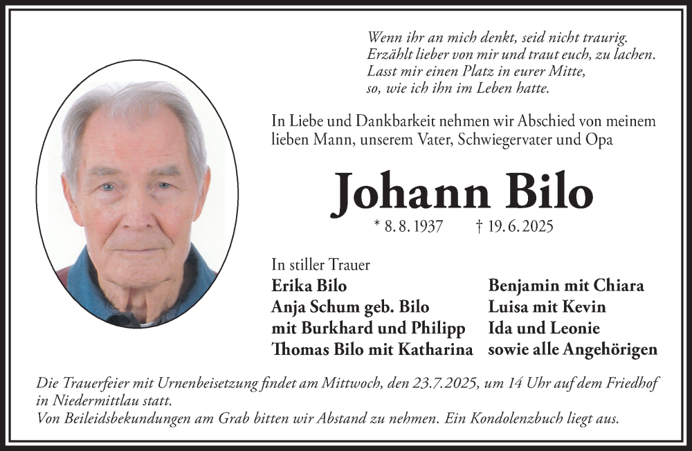  Traueranzeige für Johann Bilo vom 12.07.2025 aus Gelnhäuser Neue Zeitung