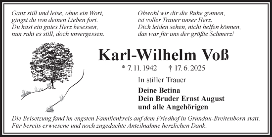 Traueranzeige von Karl-Wilhelm Voß von Gelnhäuser Neue Zeitung