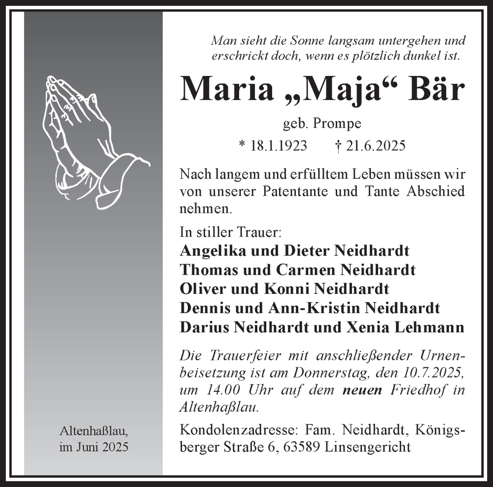 Traueranzeige für Maria Bär vom 05.07.2025 aus Mittelhessen-Bote