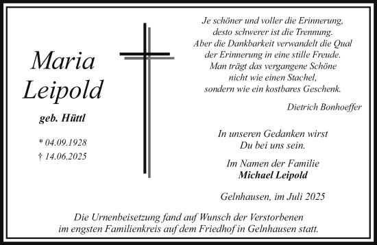 Traueranzeige von Maria Leipold von Gelnhäuser Neue Zeitung