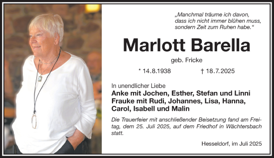 Traueranzeige von Marlott Barella von Mittelhessen-Bote