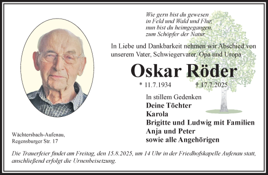 Traueranzeige von Oskar Röder von Mittelhessen-Bote