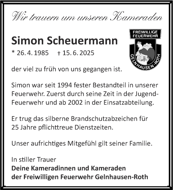 Traueranzeige von Simon Scheuermann von Gelnhäuser Neue Zeitung