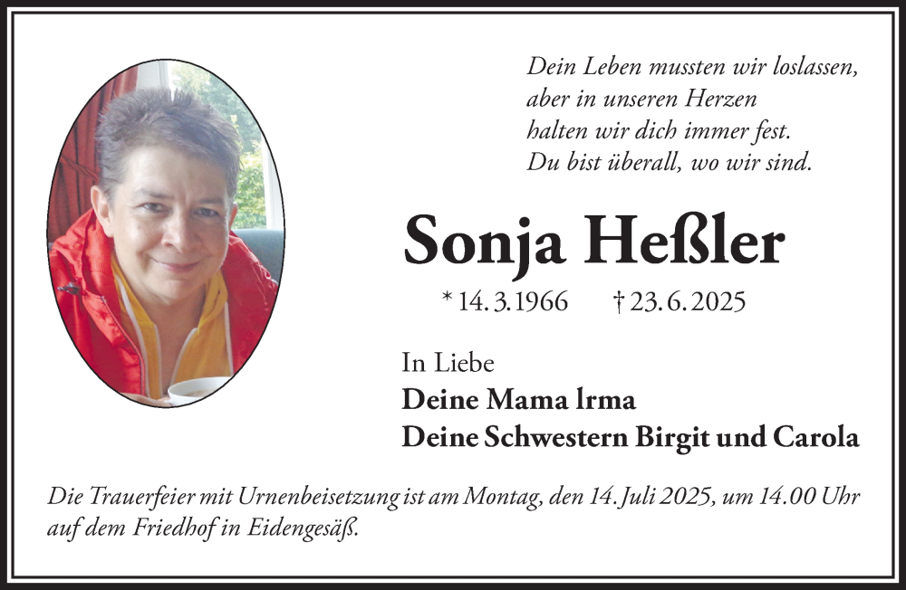  Traueranzeige für Sonja Heßler vom 12.07.2025 aus Mittelhessen-Bote