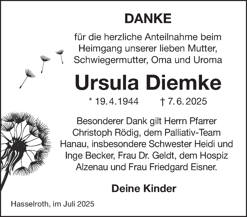  Traueranzeige für Ursula Diemke vom 19.07.2025 aus Gelnhäuser Neue Zeitung