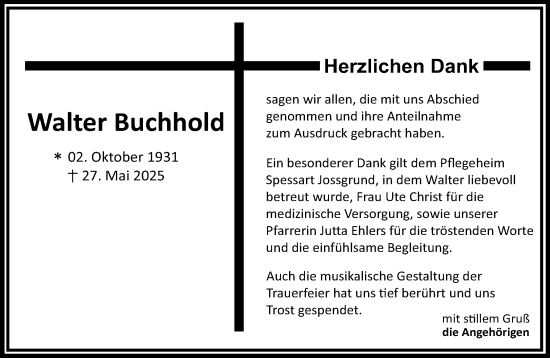 Traueranzeige von Walter Buchhold von Gelnhäuser Neue Zeitung