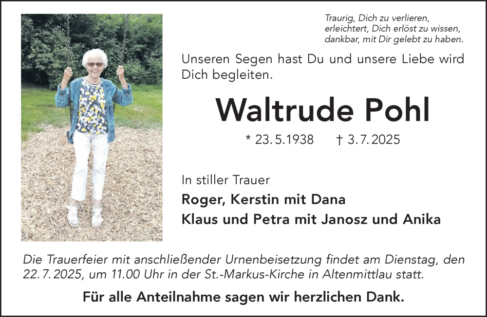  Traueranzeige für Waltrude Pohl vom 19.07.2025 aus Gelnhäuser Neue Zeitung