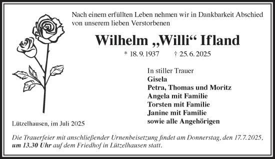 Traueranzeige von Wilhelm Ifland von Gelnhäuser Neue Zeitung