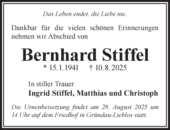 Traueranzeige von Bernhard Stiffel von Gelnhäuser Neue Zeitung