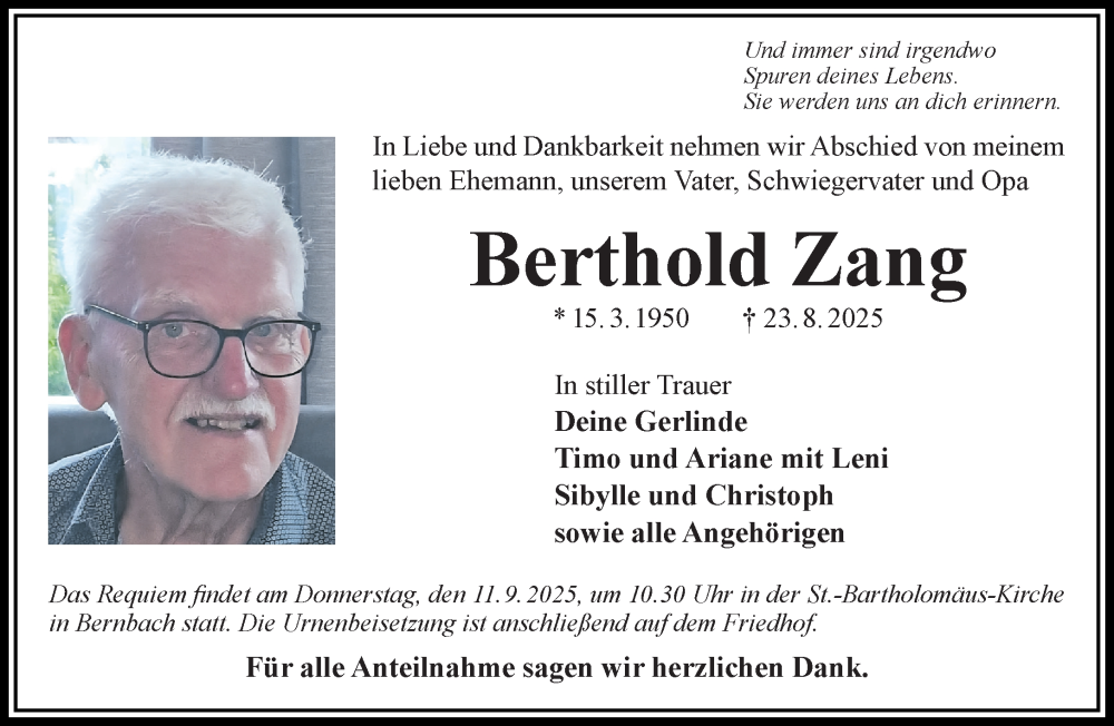  Traueranzeige für Berthold Zang vom 30.08.2025 aus Gelnhäuser Neue Zeitung