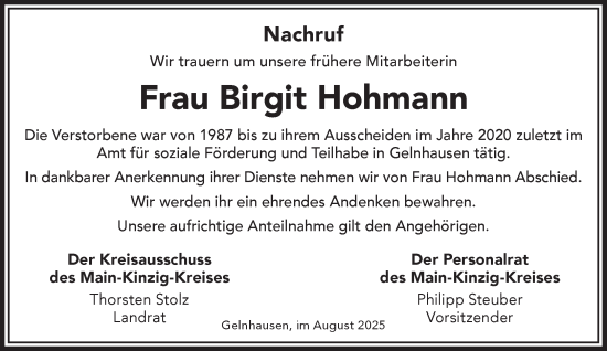 Traueranzeige von Birgit Hohmann von Mittelhessen-Bote