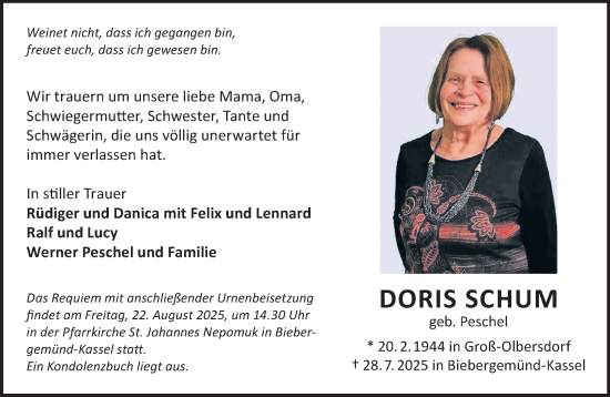 Traueranzeige von Doris Schum von Mittelhessen-Bote