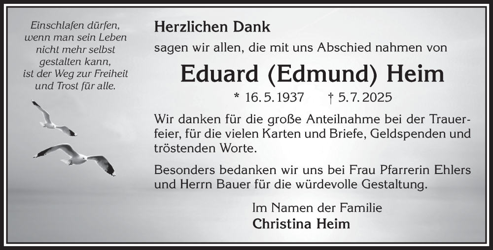  Traueranzeige für Eduard Heim vom 16.08.2025 aus Gelnhäuser Neue Zeitung