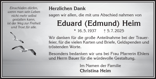 Traueranzeige von Eduard Heim von Gelnhäuser Neue Zeitung