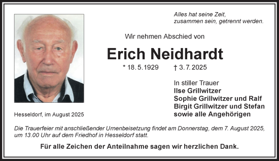 Traueranzeige von Erich Neidhardt von Gelnhäuser Neue Zeitung