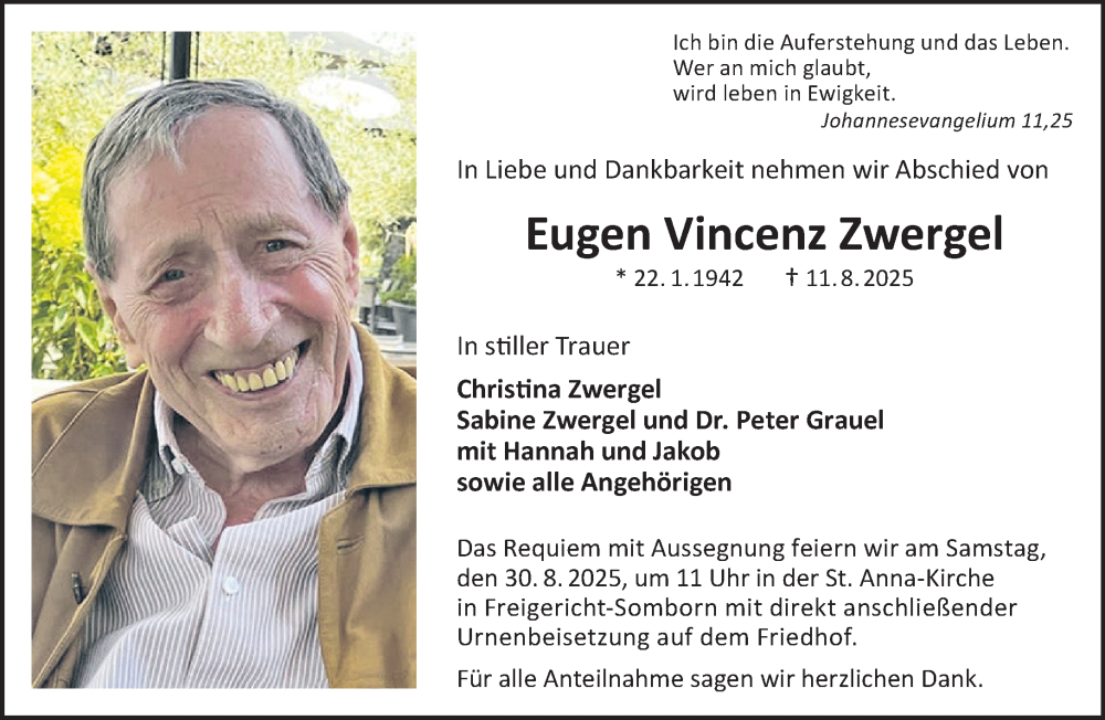  Traueranzeige für Eugen Vincenz Zwergel vom 23.08.2025 aus Gelnhäuser Neue Zeitung