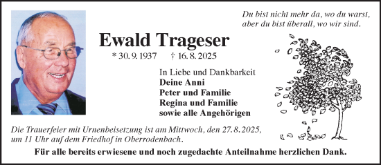 Traueranzeige von Ewald Trageser von Gelnhäuser Neue Zeitung